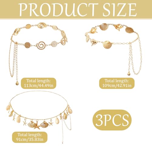 3 Pcs Gold Chain Belt for Women, Adjustable Waist Chain with Clover Butterfly Disc Pendants, Body Jewelry, Boho Belts for Women, Summer Beach Party - color: Gold-4