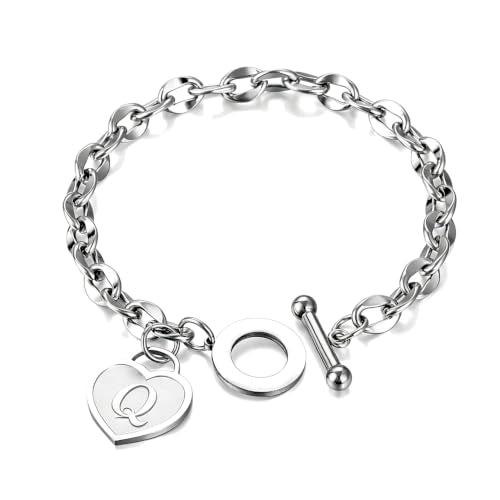 Initial Heart Charm Bracelets for Women 14K gold/Silver Tone Stainless Steel OT Clasp Heart A-Z Letter Name Bangle Bracelet Gifts - color: Q