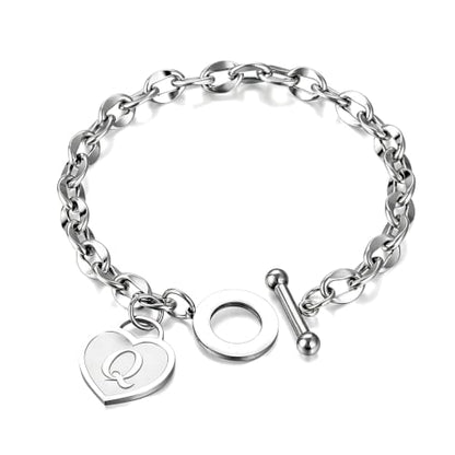 Initial Heart Charm Bracelets for Women 14K gold/Silver Tone Stainless Steel OT Clasp Heart A-Z Letter Name Bangle Bracelet Gifts - color: Q