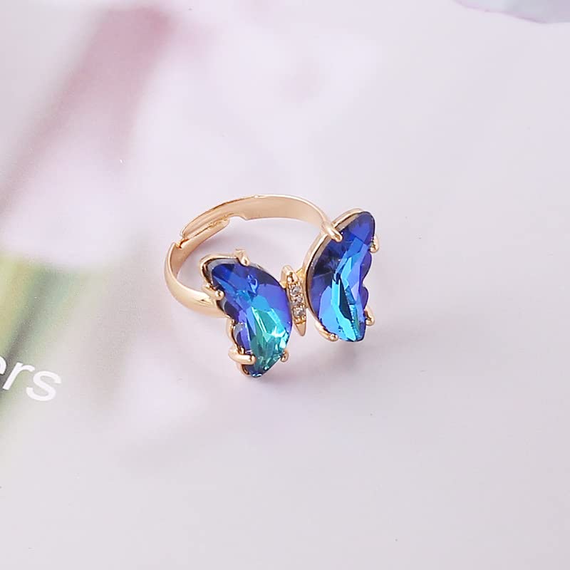 COLORFUL BLING Adjustable Elegant Transparent Crystal 3D Butterfly Rings for Women Aesthetic Gold Plated Cute Animal Insect Open Finger Cuff Ring Birthday Valentine Gifts - color: transparent dark blue