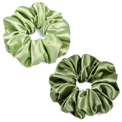 2 PCS Green Jumbo Satin Silky Scrunchies 6.5 Inches Oversized Scrunchie Extra Large Big Hair Ties Ponytail Holder for Thick Curly Hair Women (Sage, Olive Green) - color: Sage, Olive Green