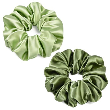 2 PCS Green Jumbo Satin Silky Scrunchies 6.5 Inches Oversized Scrunchie Extra Large Big Hair Ties Ponytail Holder for Thick Curly Hair Women (Sage, Olive Green) - color: Sage, Olive Green