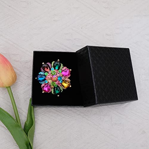 Flower Shape Crystal Cocktail Stretch Ring Party Prom Floral Statement Elastic Ring for Women - color: 2RI255-multicolor-gold tone