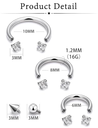 Oufksiyy 16g Septum Rings Internally Threaded Surgical Steel Septum Jewelry Lip Rings Hoop Labret Jewelry Horseshoe Earrings Daith Piercing Jewelry for Women Men 6mm 8mm 10mm 12mm Silver Gold Black - color: White Silver tone Septum Piercing jewelry 16G