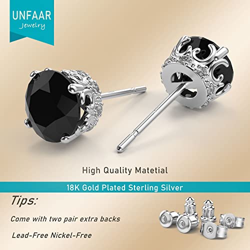 Round Cut Cubic Zirconia Stud Earrings for Men Women | Brilliant CZ Simulated Diamond, 18K White Gold Plated Sterling Silver, Hypoallergenic - color: Black