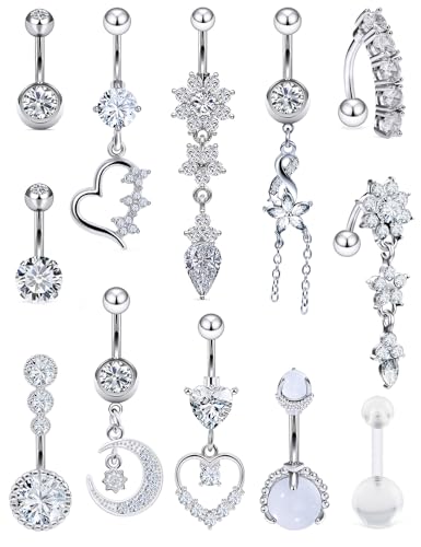 14G Dangle Belly Button Ring Piercing Jewelry 316L Stainless Surgical Steel Heart Flower CZ Reverse Navel Rings Dangling Belly Button Ring Piercing Jewelry for Women 14 Gauge Hypoallergenic - style: 12Pcs Silver