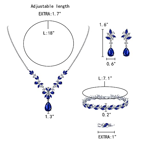 EleQueen Women's Wedding Bridal Jewelry Set for Brides Bridesmaids, Silver/14K Gold/Rose Gold Plated Cubic Zirconia Teardrop Necklace Dangle Earrings Bracelet Sets for Party Prom - color: 04-Sapphire Color-Necklace+Earrings+Bracelet