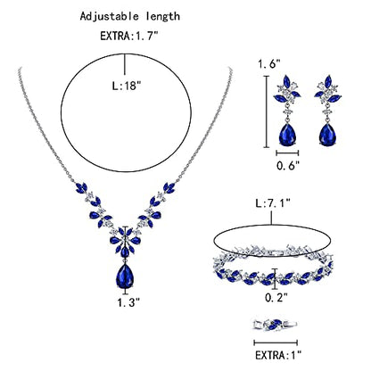 EleQueen Women's Wedding Bridal Jewelry Set for Brides Bridesmaids, Silver/14K Gold/Rose Gold Plated Cubic Zirconia Teardrop Necklace Dangle Earrings Bracelet Sets for Party Prom - color: 04-Sapphire Color-Necklace+Earrings+Bracelet