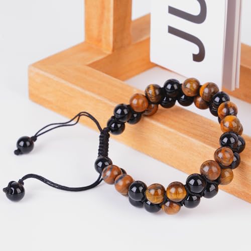 Triple Protection Bracelet,Bracelets for Men Women, Natural Tiger Eye Jewelry Stone Hematite and Blue Stone Hematite 8mm Crystal Bracelet - Adjustable Size with Premium Gift-Box - color: Brown-Black