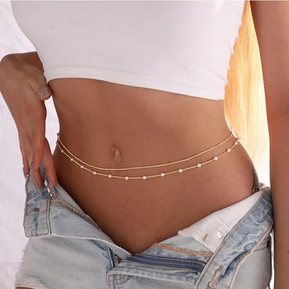 CAROVO Belly Waist Chain for Women 14K Gold Silver Plated Layered Body Chains Boho Cuban Figaro Pearl Heart Coin Satellite Bead Belly Chain Sexy Bikini Body Jewelry for Women Adjustable - style: C:Pearl Satellite GD