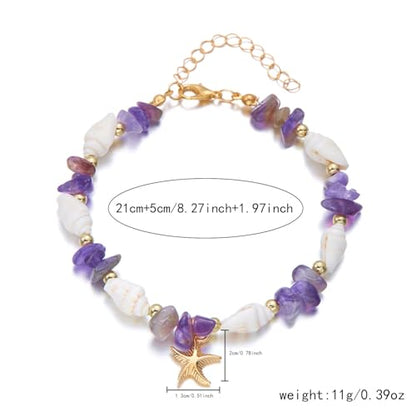 Waterproof Starfish Shell Bead Anklets Bracelets for Women Bohemian Hawaiian Beach Crushed Stone Bead Anklet Summer Mermaid Outfit Costume Jewelry Accessories - color: Purple