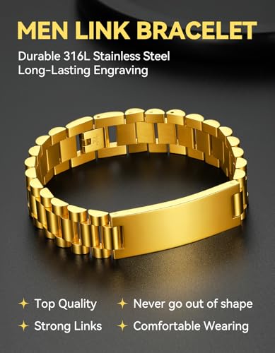 ChainsHouse Men Stainless Steel Bracelet Adjustable Custom ID Engraved Gift | Personalized Silver/Gold/Black for Birthday Father Husband Boyfriend with Gift Box Adjustable Tool 10mm/15mm/15.5mm 8.3"/8.7" - color: J.10mm Width-Gold-No Custom