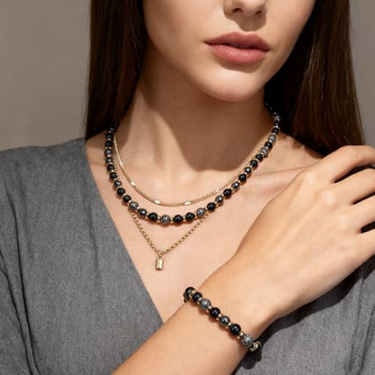 Beaded Necklaces for Women 3Pcs Colorful Boho Gemstone Bead Choker Summer Natural Stone Surfer Beach Bead Necklace Bracelets Earring Set Handmade Jewelry for Women Gift Jewelry Sets - color: Black/Grey