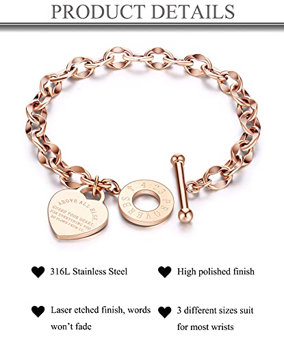 ALEXTINA Dainty Heart Charm Bracelets Stainless Steel Oval Link Chain Wristband Gift for Mom Women Toggle Clasp - color: 7" Rose gold plated