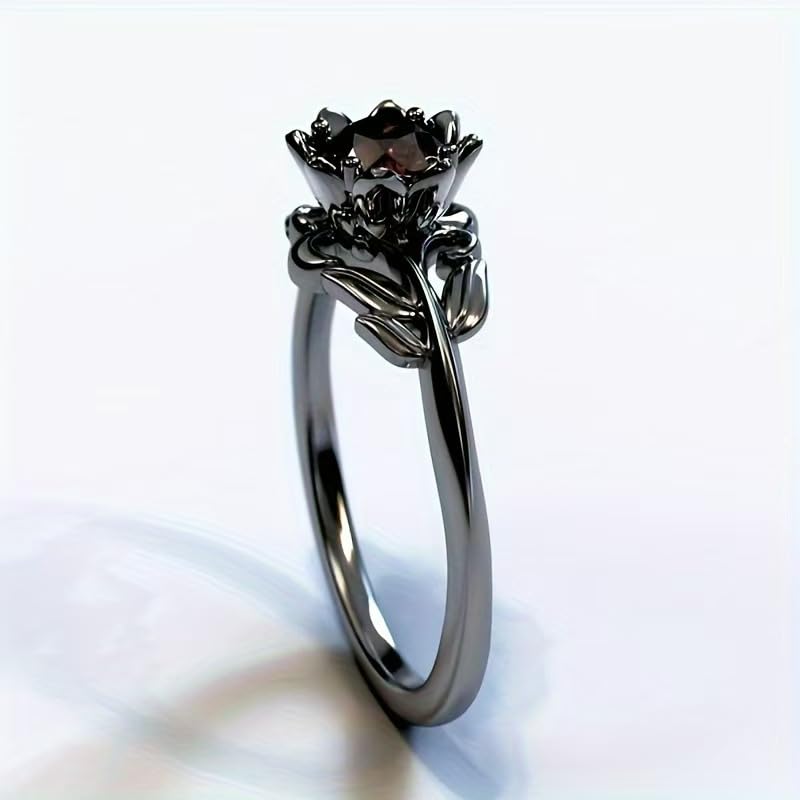 Cubic Zirconia Rings For Women, Gothic Ring Black Flower Crystal Stackable Trendy Floral Eternity Travel Engagement Statement Wedding Birthday Jewelry Gift - color: Goth Black Red