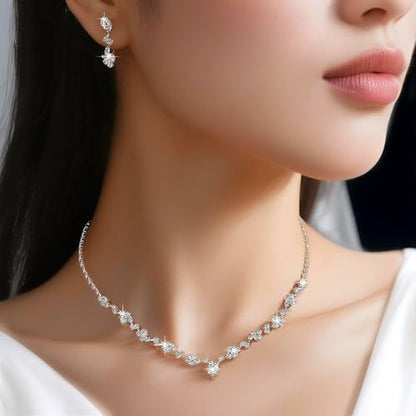 Women's Fashion Jewelry Rhinestone Zircon Necklace and Earring Set Formal Ball Gown Accessories Silver Floral Pendant Bridal Wedding Jewelry Suitable for Weddings, Balls, Banquets, and All Special Occasions - style: TLa057