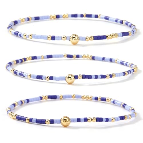 Colorful Gold Beaded Bracelets for Women Boho Tiny Gold Plated Ball Stretch Stackable Small Seed Beads Bracelet Stack Trendy Jewelry Set Dainty Vacation Friendship Christmas Gifts for Women - color: Blue