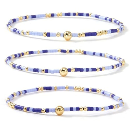 Colorful Gold Beaded Bracelets for Women Boho Tiny Gold Plated Ball Stretch Stackable Small Seed Beads Bracelet Stack Trendy Jewelry Set Dainty Vacation Friendship Christmas Gifts for Women - color: Blue