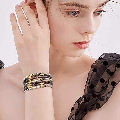 Wowanoo 3Pack Leather Cuff Bracelet Set Multilayer Wrap Bracelet Crystal Feather Tree Bracelet Magnetic Clasp Bracelet for Women - color: Colorful
