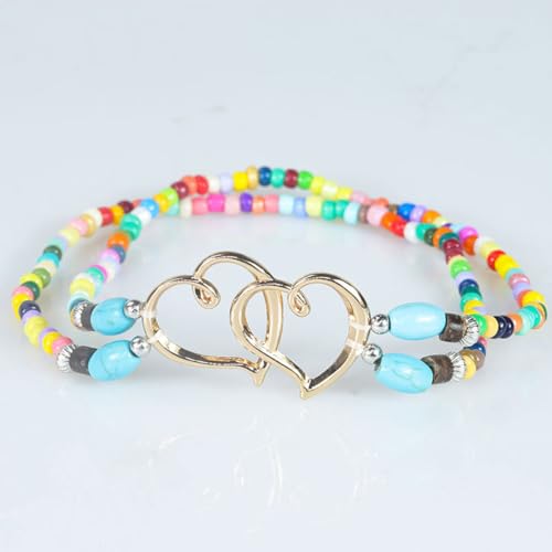 Ankle Bracelets for Women Waterproof Elastic Anklets | Boho Layered Beaded Ankle Bracelet Double Heart Colorful Anklet Summer Beach Jewelry Accessories - style: Colour Gold Style
