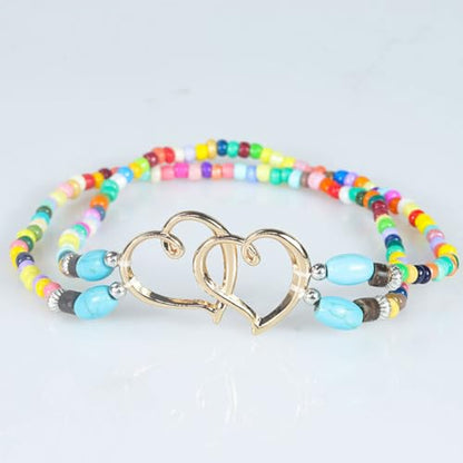 Ankle Bracelets for Women Waterproof Elastic Anklets | Boho Layered Beaded Ankle Bracelet Double Heart Colorful Anklet Summer Beach Jewelry Accessories - style: Colour Gold Style