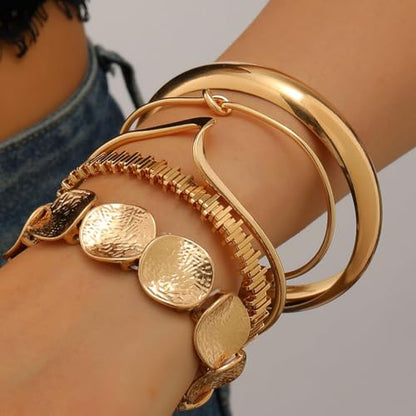Golden Stackable Bracelets Set for Women Trendy Multi Layer Adjustable Chunk Flower Cuff Bracelet Geometric Irregular Wave Statement Bangle Glamour Stacking Cuff Jewelry - color: Gold-C
