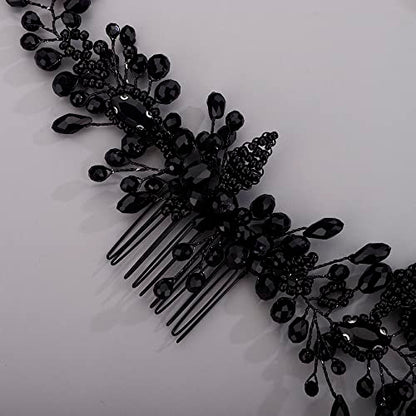 Chargances Crystal Beaded Bridal Hair Vine Comb with Pearls, Black Rhinestone Handmade Headpiece for Wedding, Prom, Flower Girl - color: Black