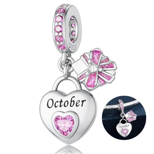 Love Heart Birthstone Dangle Charms Compatible with Pandora Bracelets | 925 Sterling Silver 5A Cubic Zirconia Mother's Day Christmas Birthday Birthstone Gifts Bead Charm Pendants Women Jewelry - color: October Dangle Birthstone Charms