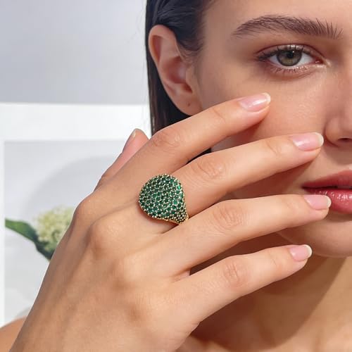 Luxury Dome Cubic Zirconia Adjustable Open Statement Ring for Women Men Gold-Tone Dainty Sparkly Crystal Colorful Rhinestone Geometry Statement Stacking Finger Band Wedding Party Fashion Jewelry - color: Green