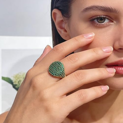 Luxury Dome Cubic Zirconia Adjustable Open Statement Ring for Women Men Gold-Tone Dainty Sparkly Crystal Colorful Rhinestone Geometry Statement Stacking Finger Band Wedding Party Fashion Jewelry - color: Green