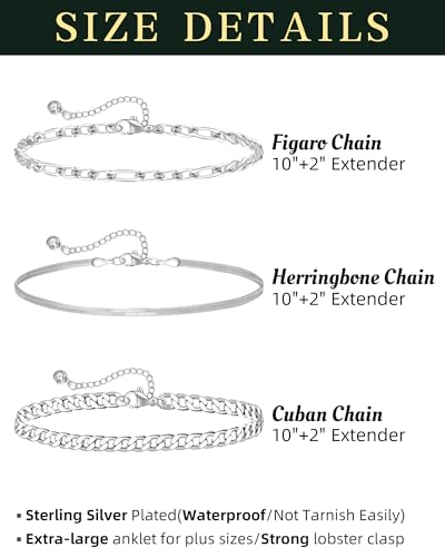 Plus Size Ankle Bracelets for Women - Extra Large 10"+2" Adjustable Anklet 14K Real Gold Plated Anklet Cuban Link, Figaro, Rope, Snake Herringbone - Summer Beach Waterproof Foot Jewelry - color: Curb,Figaro,Snake Silver