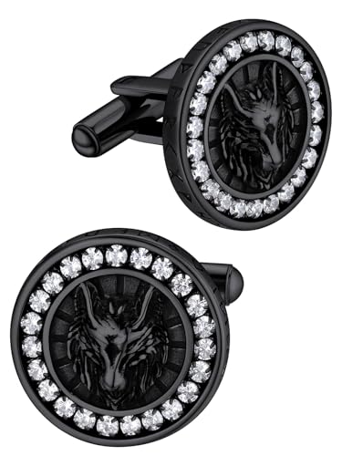 FaithHeart Mens Cufflinks, Norse Viking Tuxedo Shirt Cuff Links, Stainless Steel Cuff Links and Shirt Studs, Gift Box - style: 06. Wolf CZ-Black