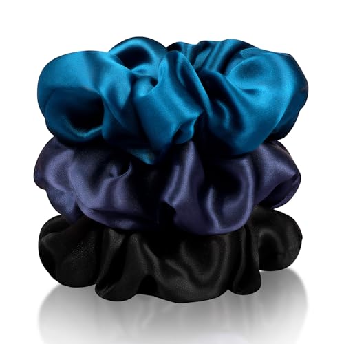 Zenssia Silk Scrunchies for Hair, Mulberry Silk Hair Ties for Women and Girls, No Damage Elastic Ponytail Holders（Black, Navy, Royal Blue） - color: Black Navy Royal Blue