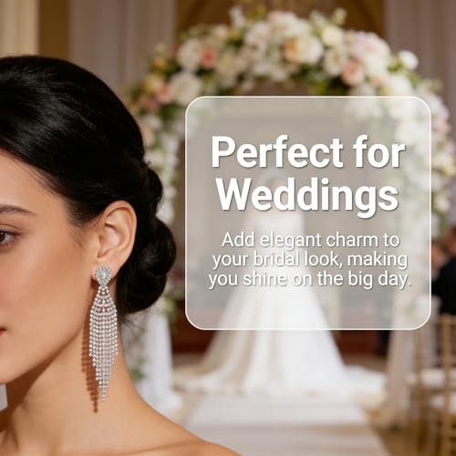 1 Pair Silver Diamond Dangle Earrings,Long Tassel Rhinestone Earrings,Crystal Wedding Earrings Accessories for Women and Brides(Silver)