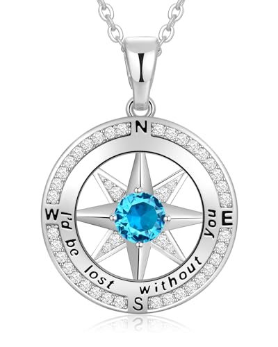 Peeshow Compass Birthstone Necklace for Women Wife, S925 Sterling Silver Gift for Wife Wedding Anniversary Birthday Gifts for Women Jewelry for Her Girlfriend I'd be Lost without You - style: 03-Mar-Aquamarine