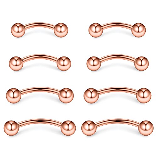4prs(8pcs) Eyebrow Piercing Jewelry Curved Barbell with Ball Kit Eyebrow Tragus Lip Ring 16g 16 gauge 6mm/8mm/10mm/12mm - color: Rose Gold