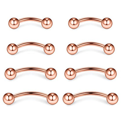 4prs(8pcs) Eyebrow Piercing Jewelry Curved Barbell with Ball Kit Eyebrow Tragus Lip Ring 16g 16 gauge 6mm/8mm/10mm/12mm - color: Rose Gold
