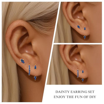 3 Pairs Stackable Kite Stud Earrings Set for Women Trendy | Dainty Birthstone Stud Gold & 925 Sterling Silver Huggie Hoop Jacket Stack Earrings for Women 2026 - color: Gold-Blue Sapphire