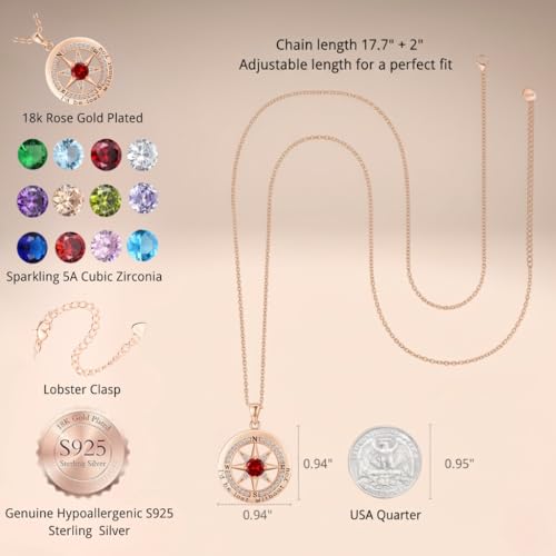 Compass Necklace for Women Wife Girlfriend Mom Daughter Gifts | S925 Silver Jewelry For Anniversary 18K Rose Gold Gifts For Birthday Christmas Mothers Valentines Day 12 Birthstones - style: 01-January-Rose Gold