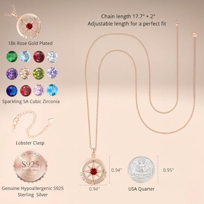 Compass Necklace for Women Wife Girlfriend Mom Daughter Gifts | S925 Silver Jewelry For Anniversary 18K Rose Gold Gifts For Birthday Christmas Mothers Valentines Day 12 Birthstones - style: 01-January-Rose Gold
