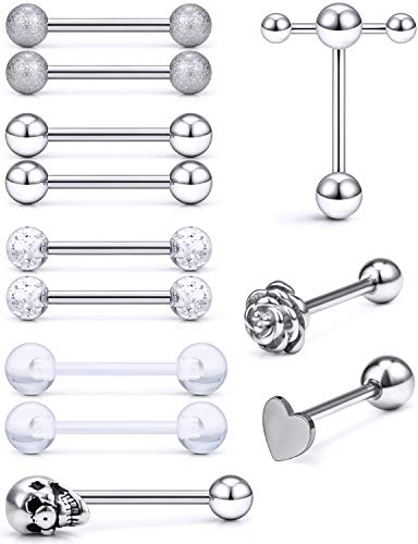 Prjndjw Jewelry, 5/8in(16mm) L, 14G Tongue Piercing Barbells Multicolor Surgical Stainless Steel Long Nipple Piercing Barbells Body Jewelry for Women - color: Silver