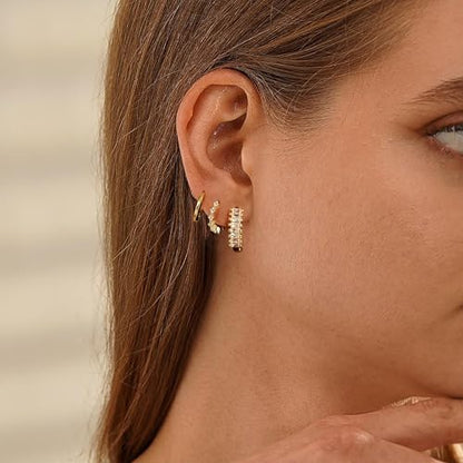 CZ Huggie Earrings for Women, Dainty Gold Earring Stacks 14K Gold Plated Small Huggie Hoop Earrings for Women Trendy Hypoallergenic Cute Unique Gold Earrings Set Fashion Gold Womens Jewelry - color: Gold-set1