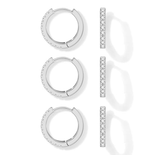 micuco 3 Pairs Small Hoop Earrings Tiny Cartilage Earrings for Women Men | Cubic Zirconia Earrings Huggie Hoop Ear Piercing Earrings for 8mm 10mm 12mm - color: 3# 14K White Gold Plated 10mm*3