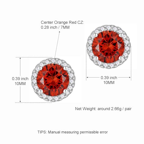 YOMELA Round Cubic Zirconia Stud Earrings for Women | Everyday Dainty, Diamond-Like Brilliance, CZ Halo Birthstone Studs, Hypoallergenic & Lightweight, Elegant & Versatile - color: Orange Red