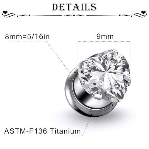Astm F136 Titanium Heart CZ Ear Gauges Screw Fit Flesh Tunnels Plugs Gauges Earring Expander Stretcher Ear Tunnels For Ears 10G 8G 6G 4G 2G 0G 00G Plug Earrings Piercing Jewelry For Women Men - color: 0G Gauges