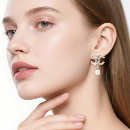 Gold Tone Curved Rhinestone Earrings with White Faux Pearl Drop Pendants for Women