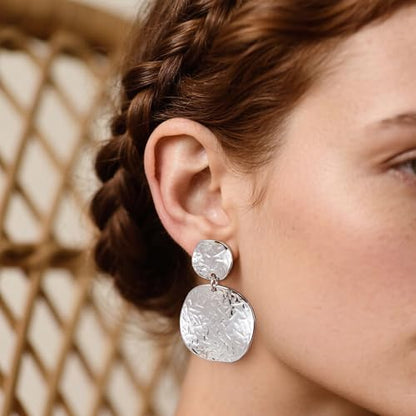 Large Geometric Drop Dangle Earrings for Women Pearl Teardrop Disc Rectangle Oval Fishtail Shell Shaped Textured Dangle Studs Earrings for Women - color: Silver-Disc