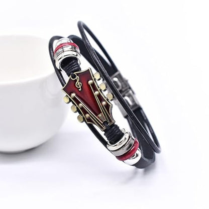 Angyape Retro Faux Leather Guitar Bracelet, Zinc Alloy Rock Music Guitar Leather Bracelet Punk Handmade Braided Multi-Layer Wrap Guitar Shape Decorative Cuff Bracelet Musical Enthusiast Gift - color: Red