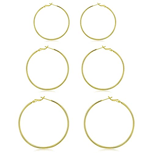 3 Pairs Sterling Silver Large Hoop Earrings Set for Women 40 50 60MM | 14K White Gold Plated, Hypoallergenic - style: J:Gold 20mm 30mm 40mm