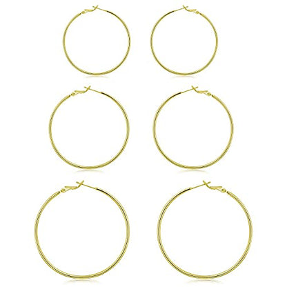 3 Pairs Sterling Silver Large Hoop Earrings Set for Women 40 50 60MM | 14K White Gold Plated, Hypoallergenic - style: J:Gold 20mm 30mm 40mm
